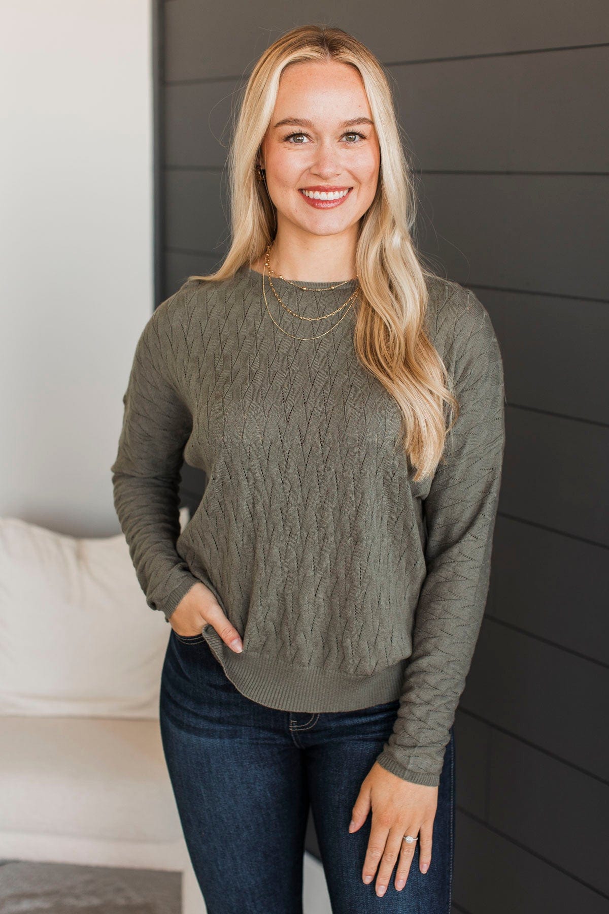 Take Your Word Pointelle Knit Sweater- Dusty Olive