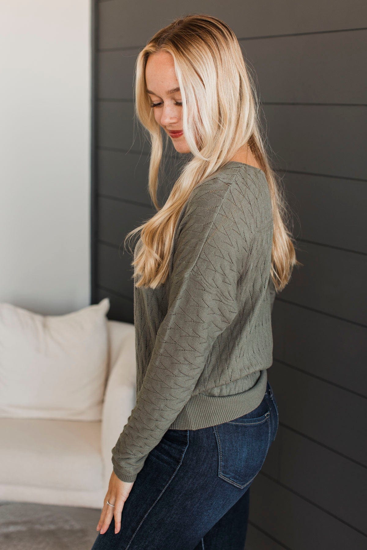 Take Your Word Pointelle Knit Sweater- Dusty Olive