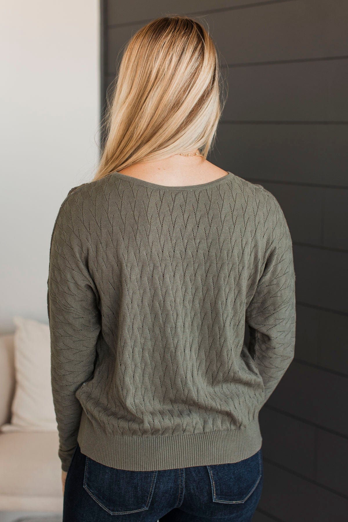 Take Your Word Pointelle Knit Sweater- Dusty Olive