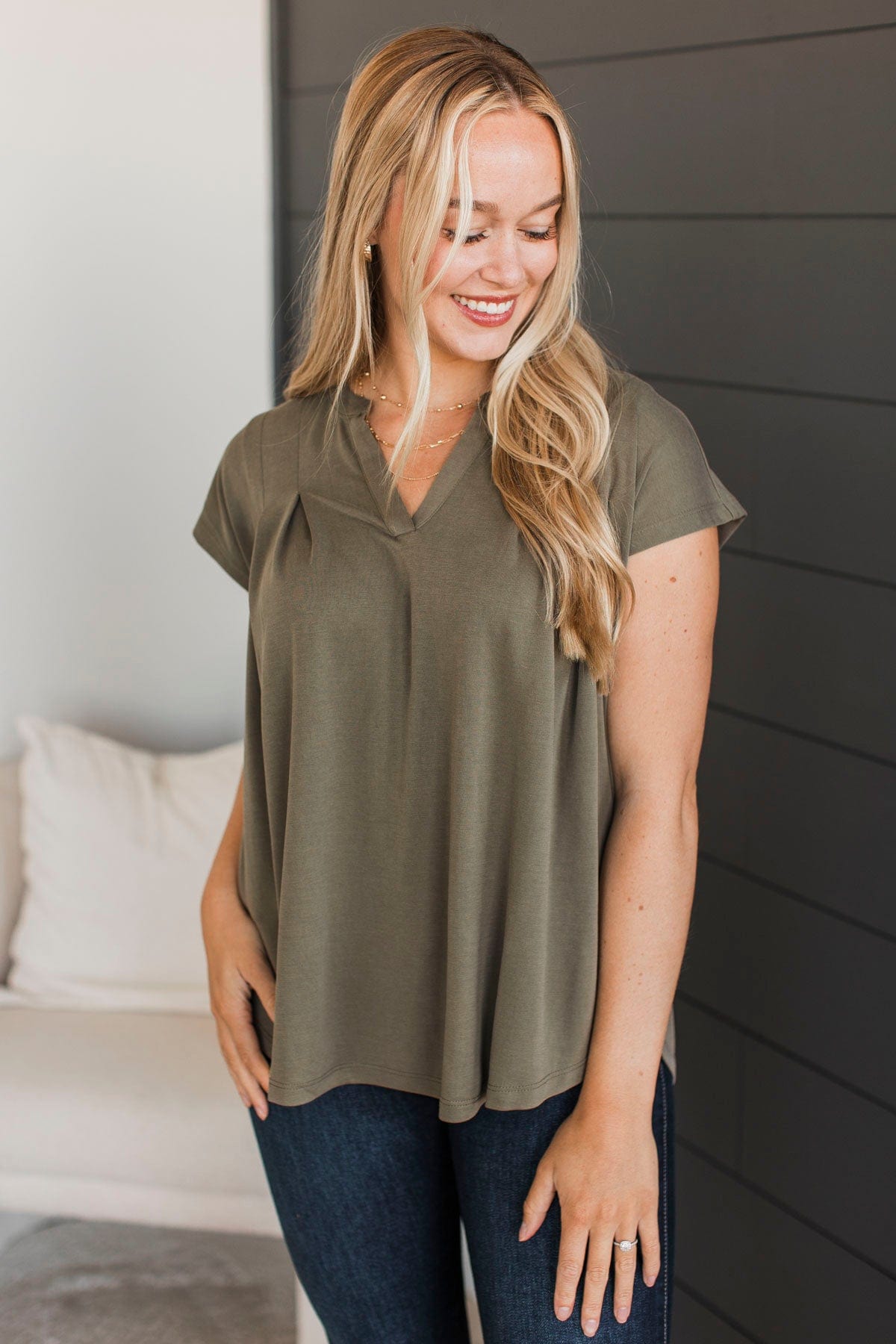 Easily Charmed Cap Sleeve Blouse- Olive