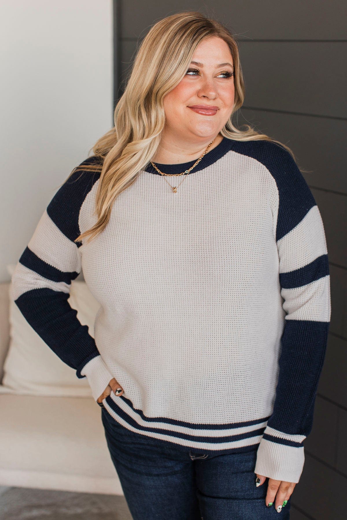 Words Of Mine Waffle Knit Sweater- Ivory & Navy