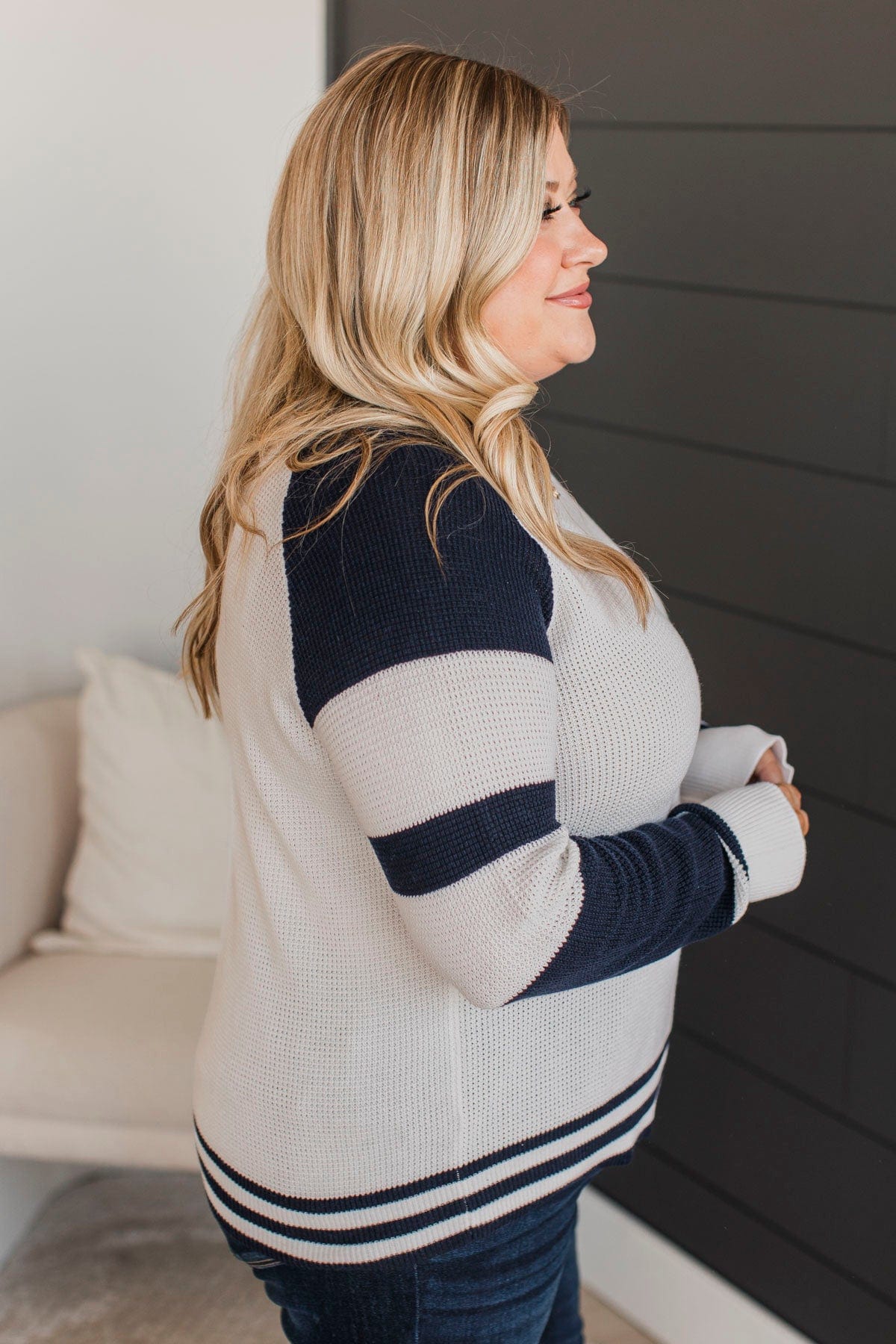 Words Of Mine Waffle Knit Sweater- Ivory & Navy