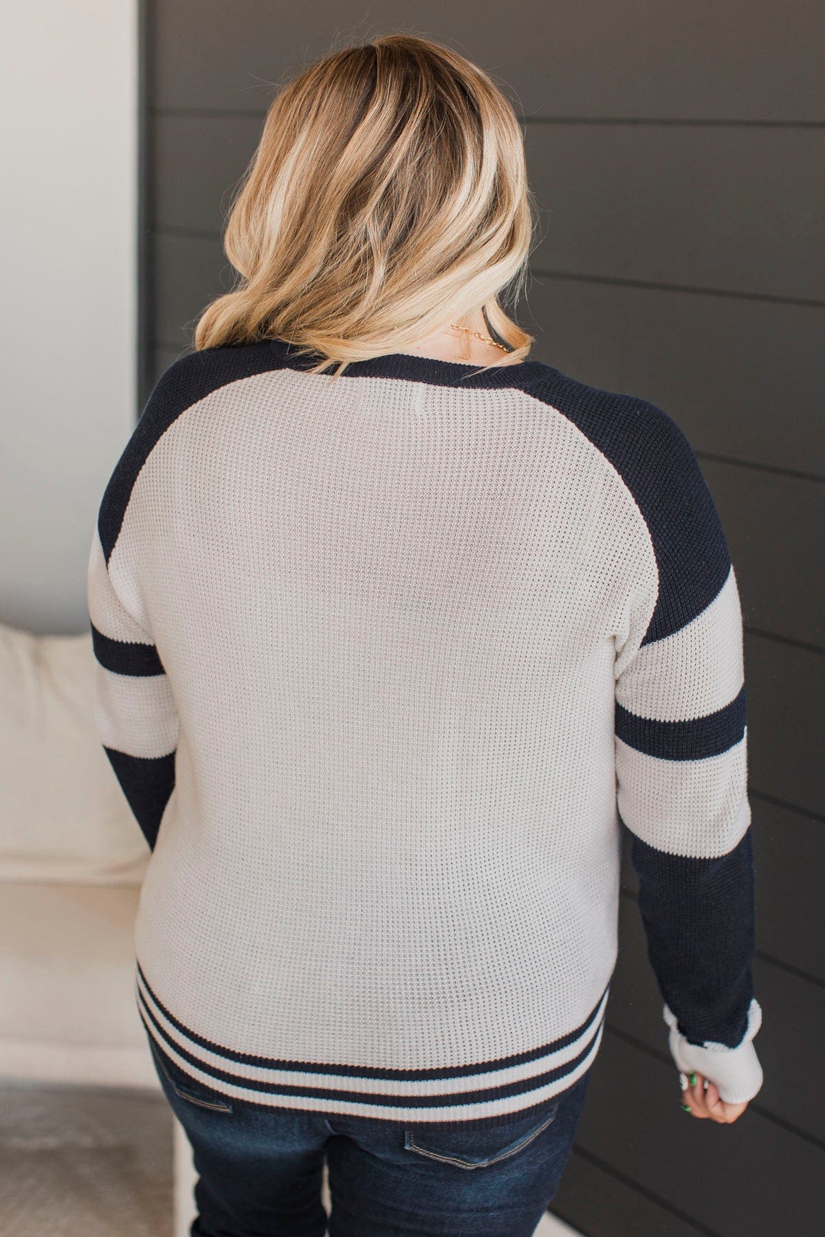 Words Of Mine Waffle Knit Sweater- Ivory & Navy