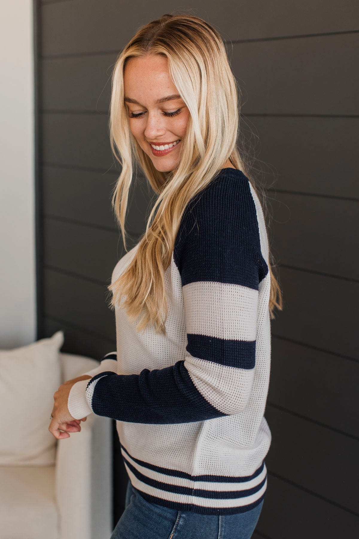 Words Of Mine Waffle Knit Sweater- Ivory & Navy