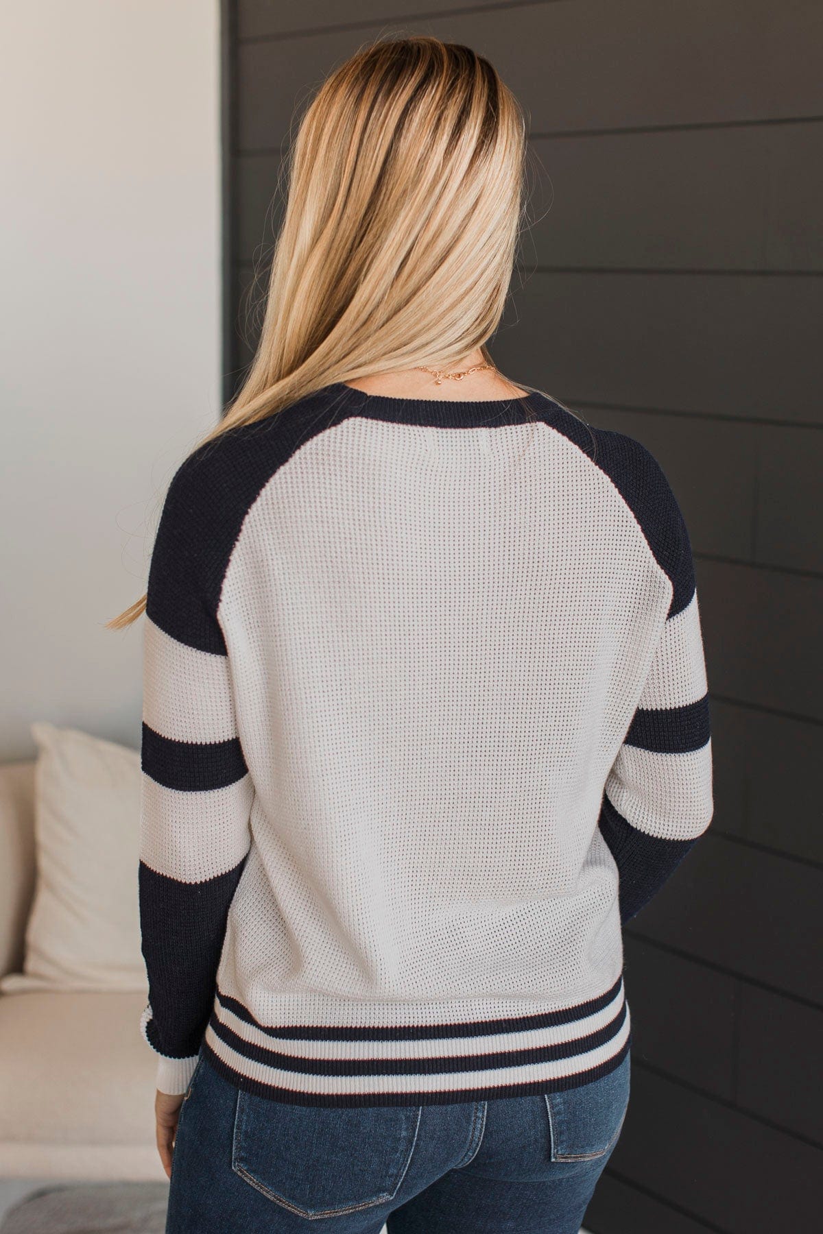 Words Of Mine Waffle Knit Sweater- Ivory & Navy