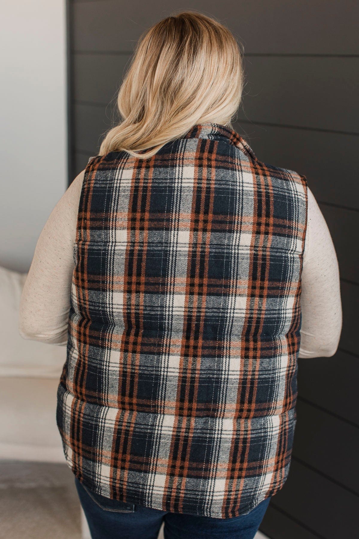 For You Always Plaid Puffer Vest- Navy & Orange Plaid