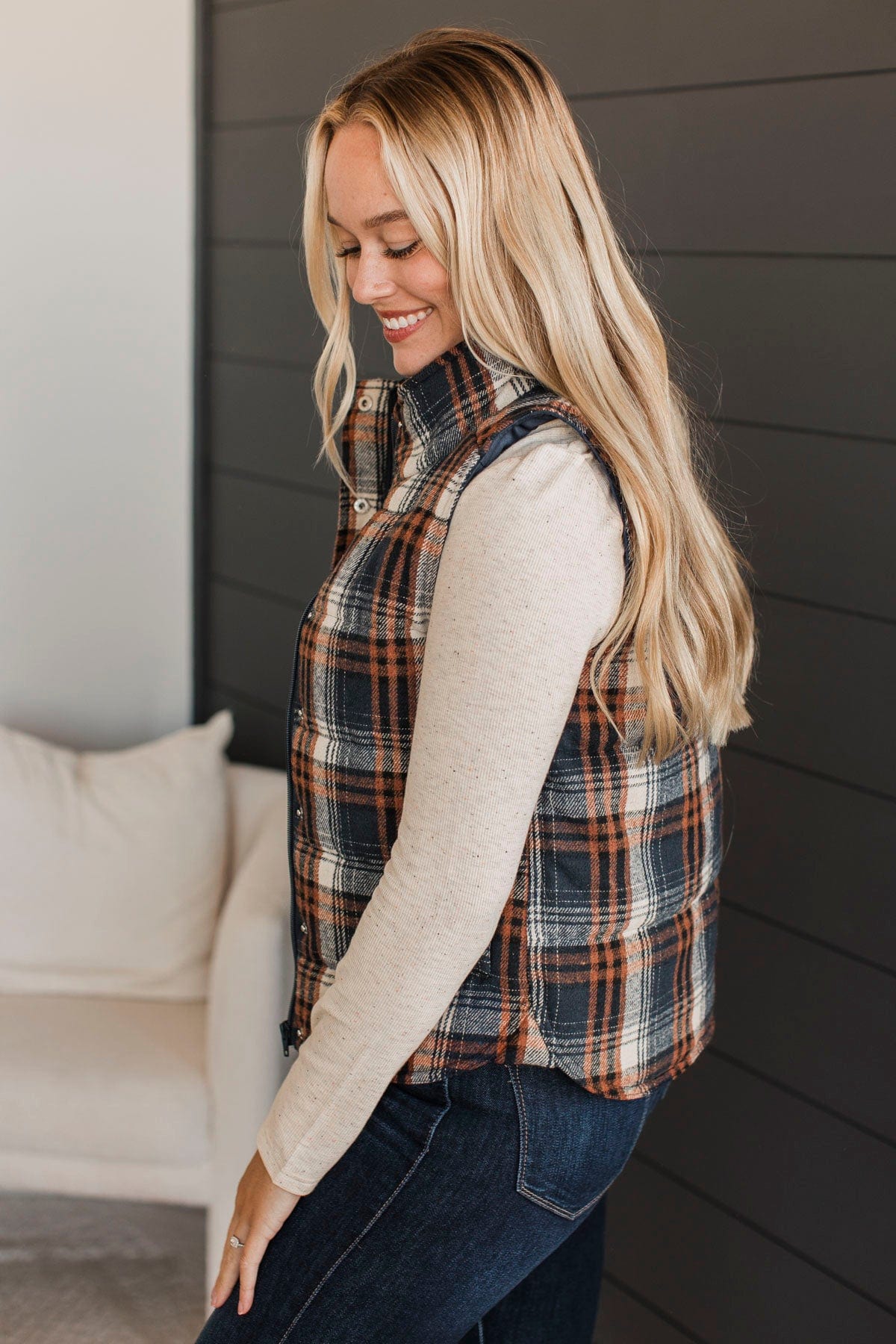 For You Always Plaid Puffer Vest- Navy & Orange Plaid