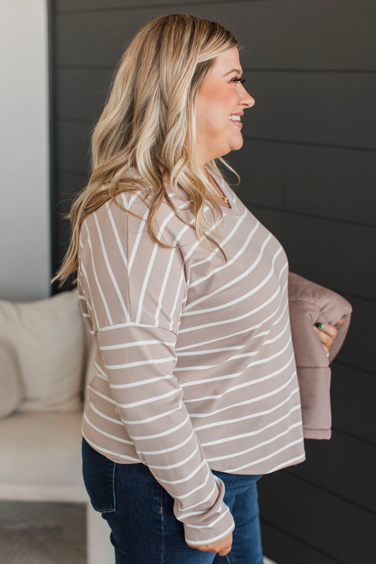 Sheer Joy Long Sleeve Striped Top- Taupe