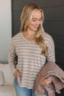 Sheer Joy Long Sleeve Striped Top- Taupe