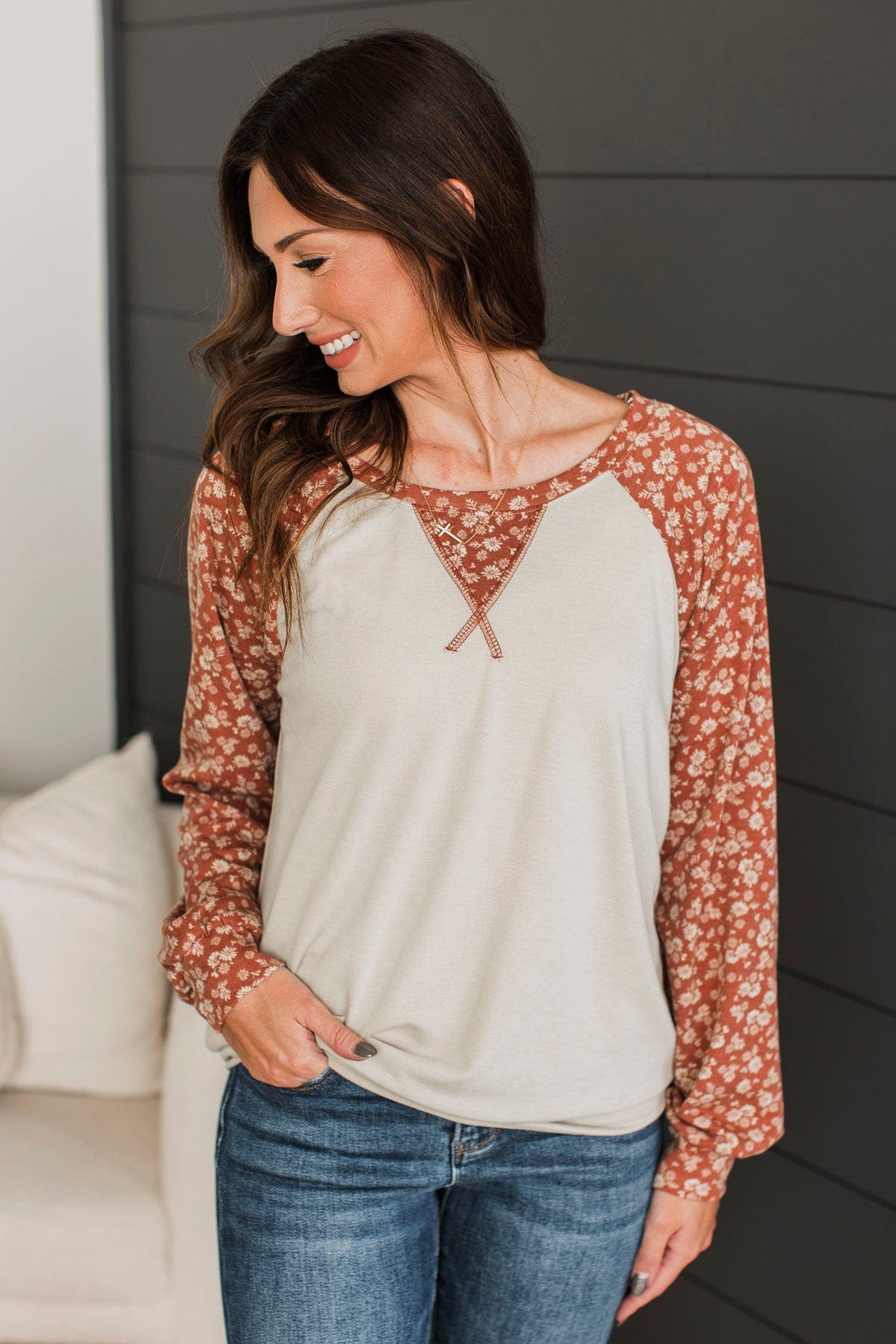 Feeling Cute Floral Long Sleeve Top- Oatmeal & Rust