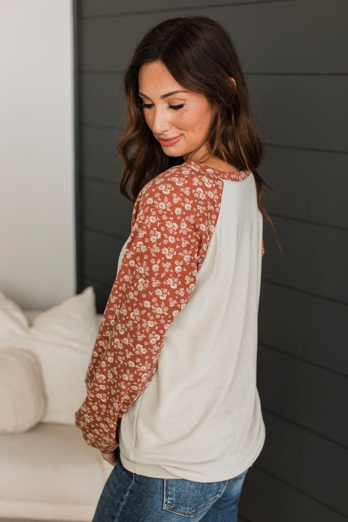 Feeling Cute Floral Long Sleeve Top- Oatmeal & Rust