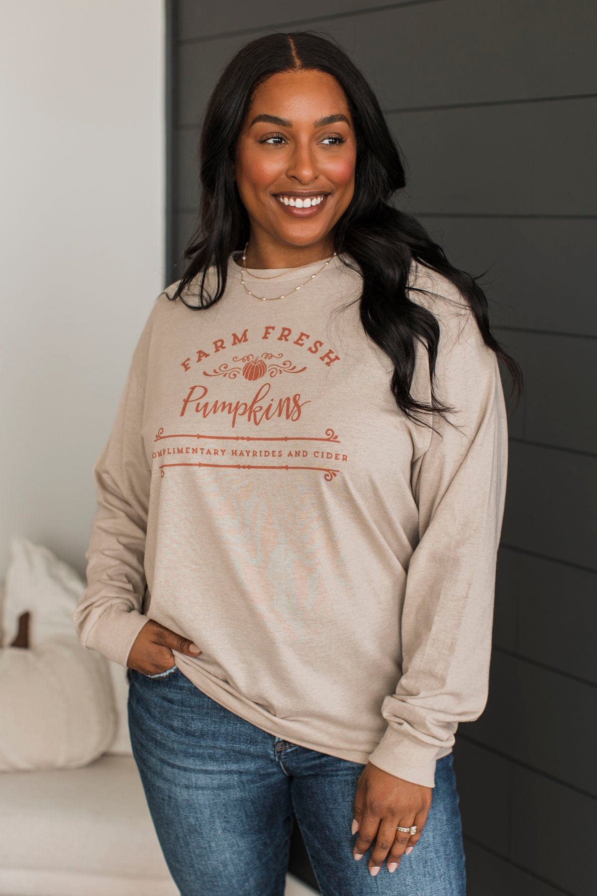 "Farm Fresh Pumpkins" Graphic Top- Light Taupe