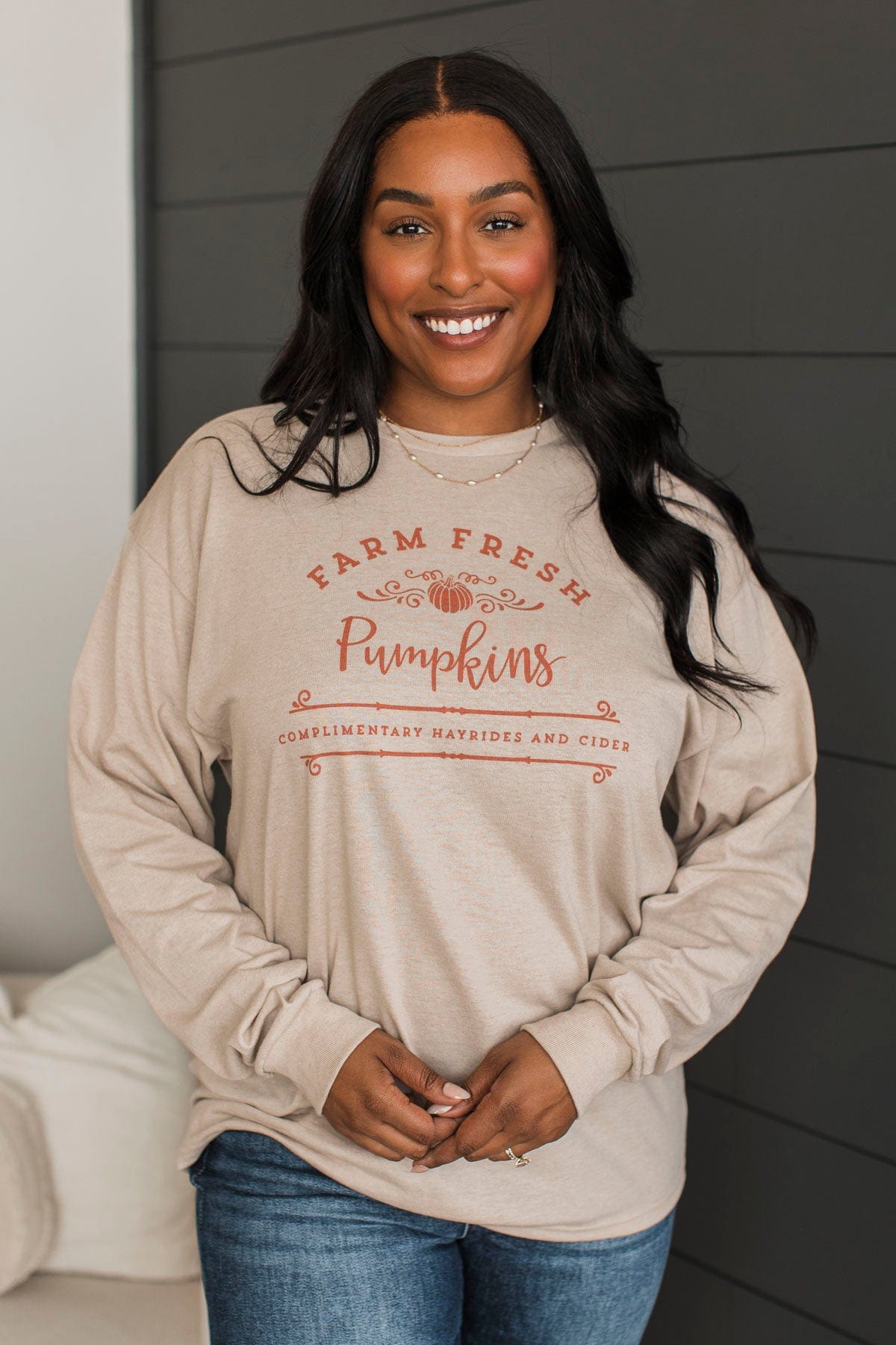 "Farm Fresh Pumpkins" Graphic Top- Light Taupe