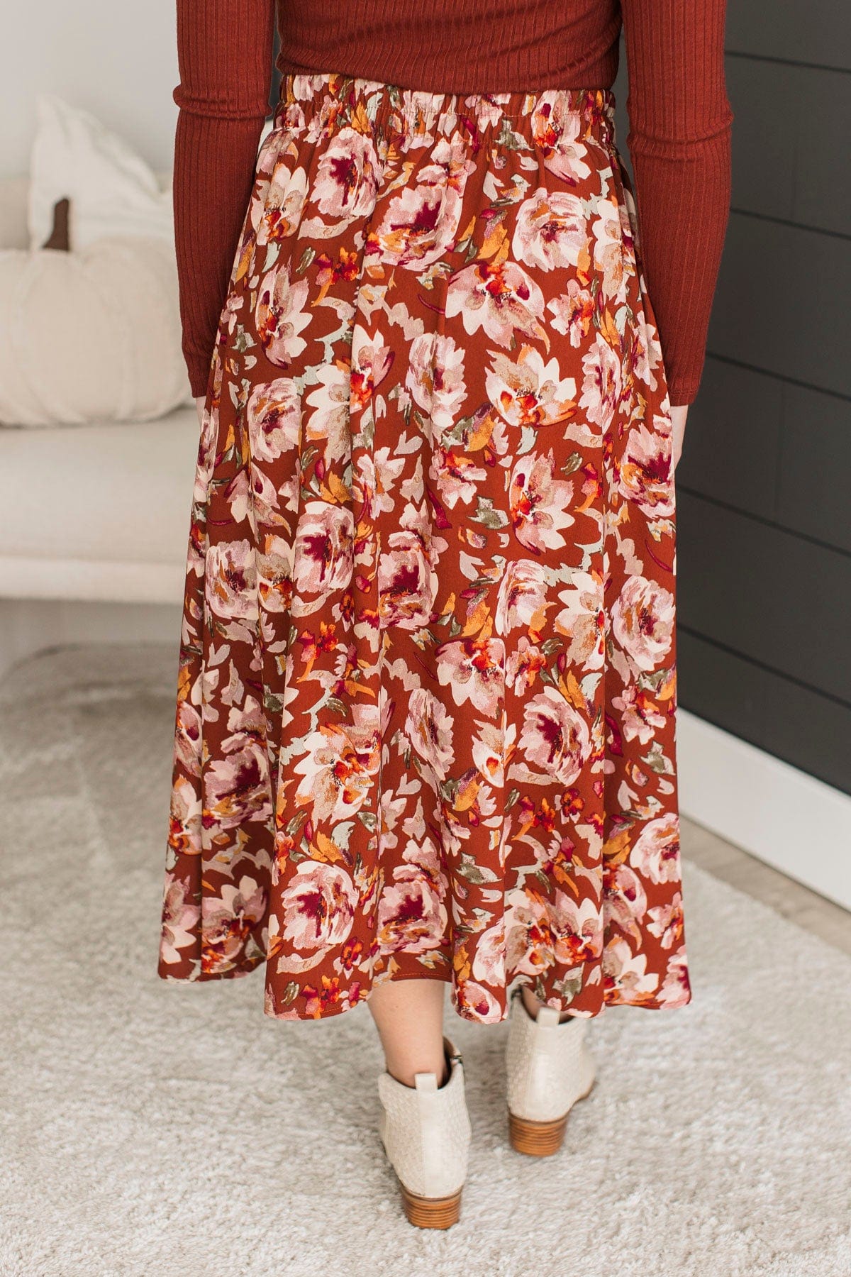 On My Heart Floral Skirt- Red Brown