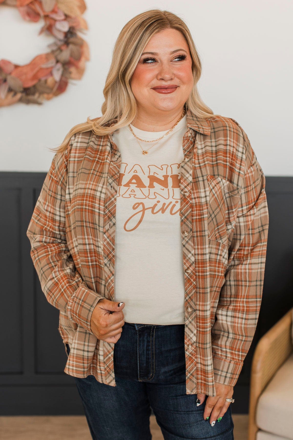 Fall Into Happiness Plaid Button Top- Taupe