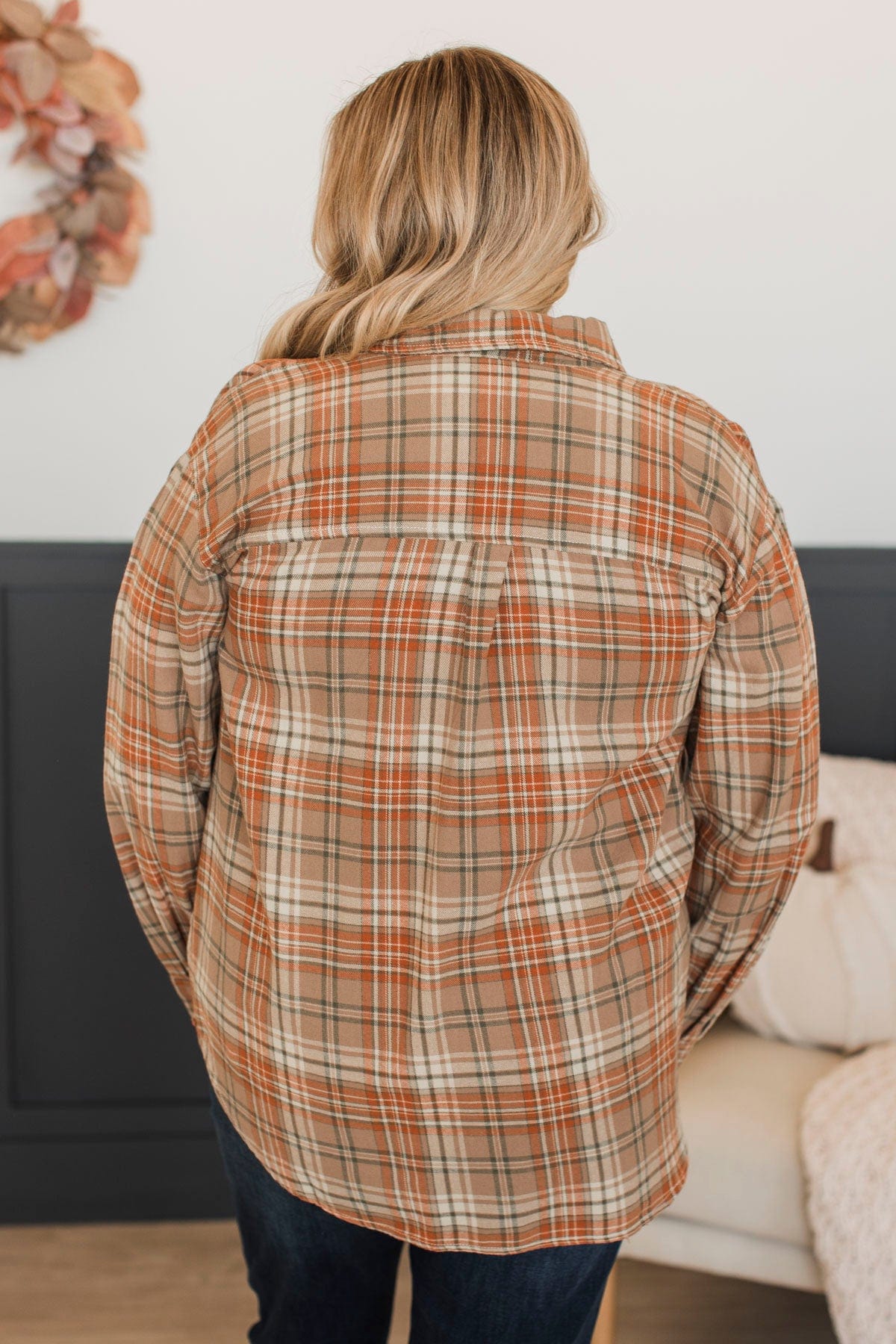 Fall Into Happiness Plaid Button Top- Taupe