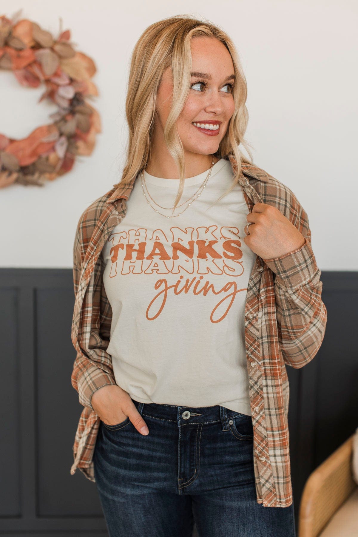 Fall Into Happiness Plaid Button Top- Taupe