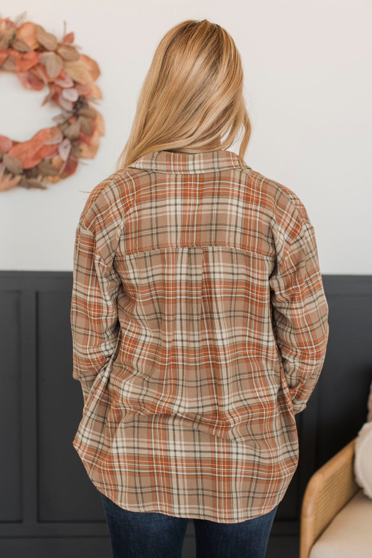 Fall Into Happiness Plaid Button Top- Taupe