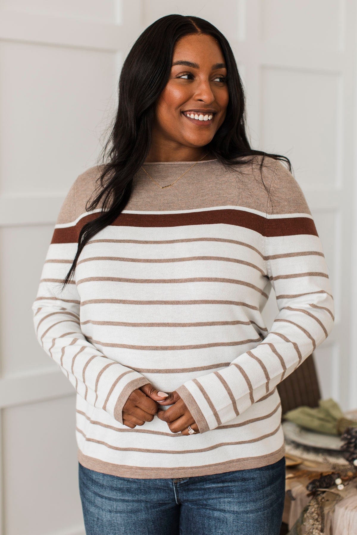 Can't Stay Away Striped Sweater- Mocha & Brown