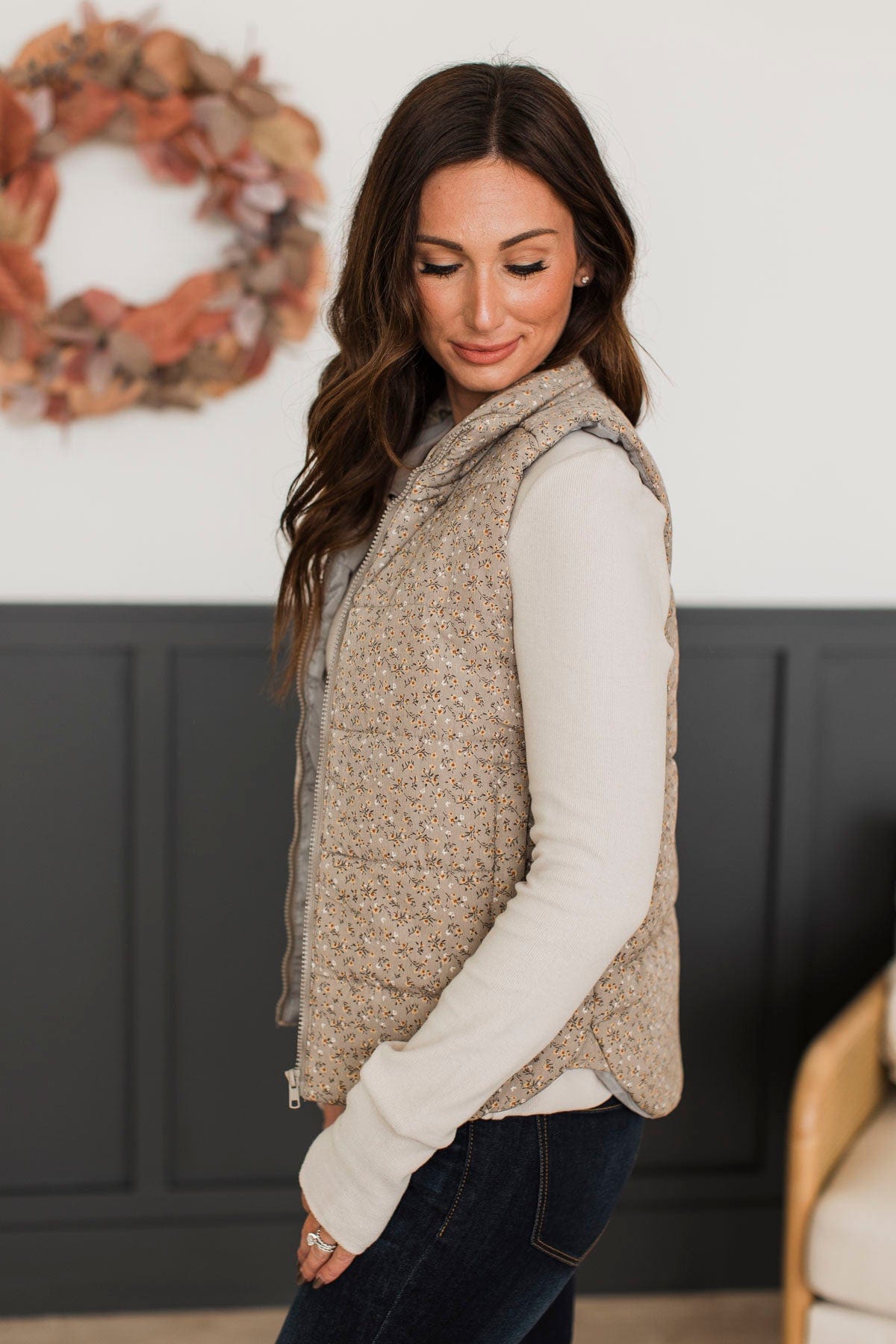 All My Adoration Floral Puffer Vest- Taupe