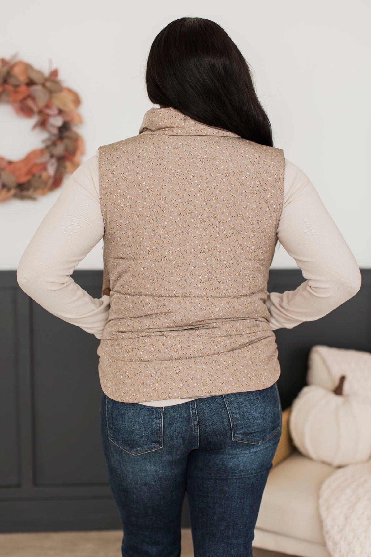 All My Adoration Floral Puffer Vest- Taupe