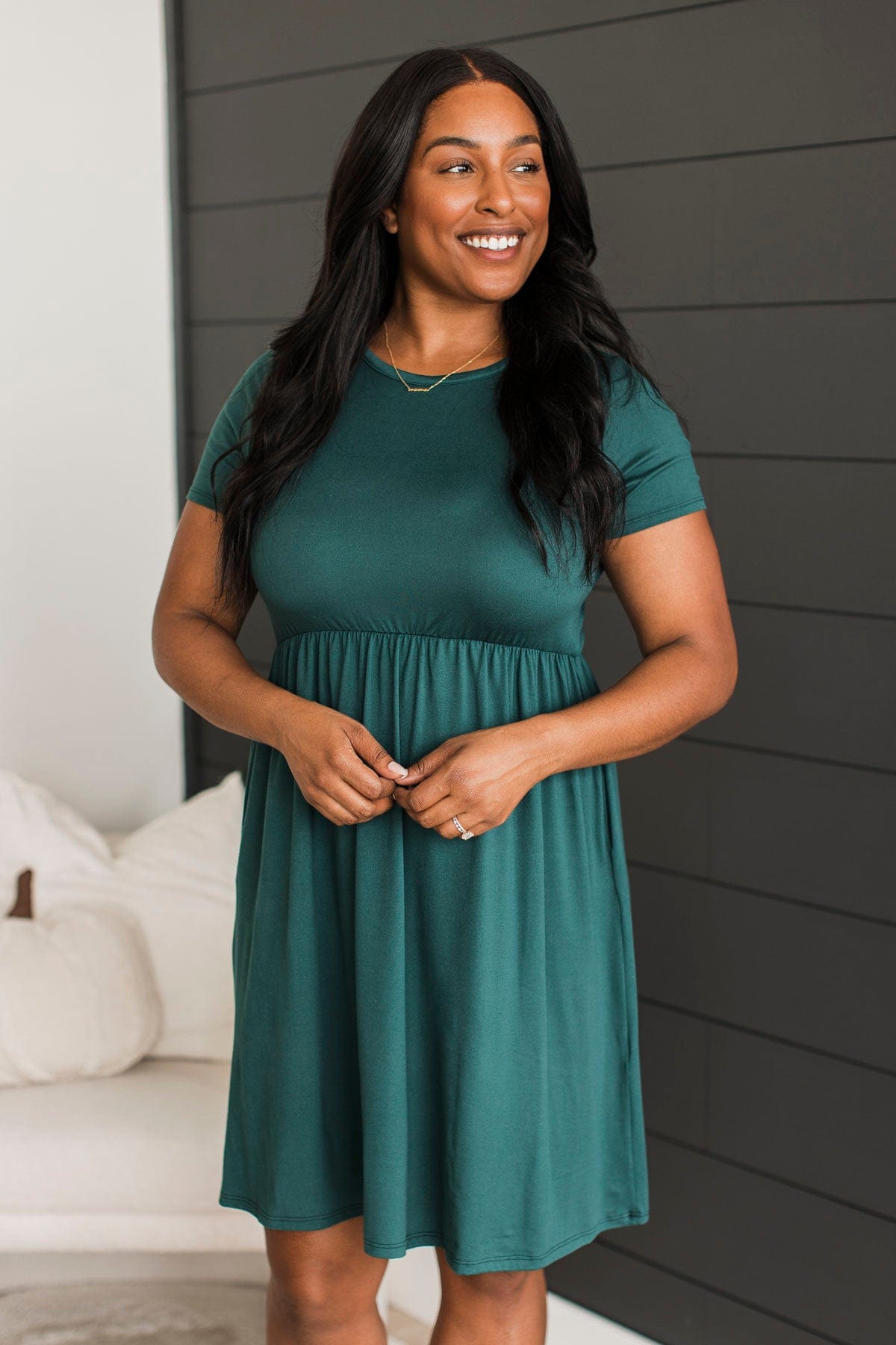 Calls For A Celebration Short Sleeve Dress- Hunter Green