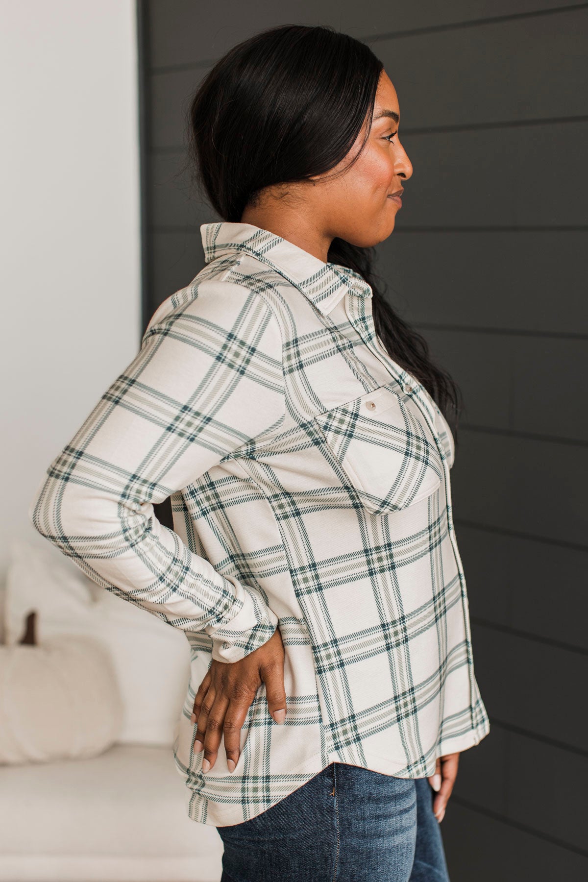 Thread & Supply Free Falling Plaid Shirt Jacket- Ivory & Mint