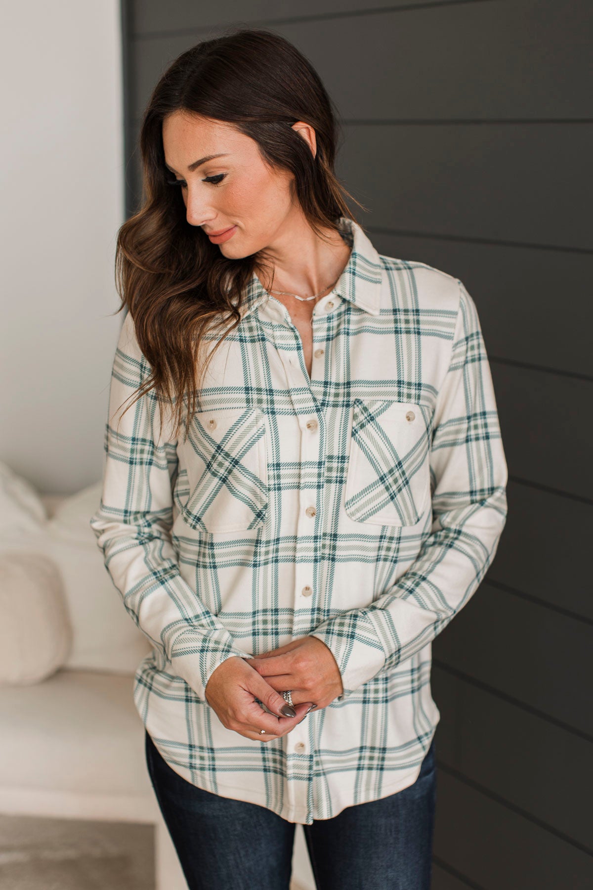 Thread & Supply Free Falling Plaid Shirt Jacket- Ivory & Mint