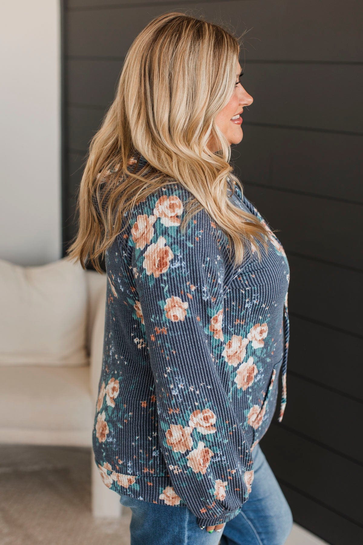 Next To Happiness Hooded Floral Top- Navy