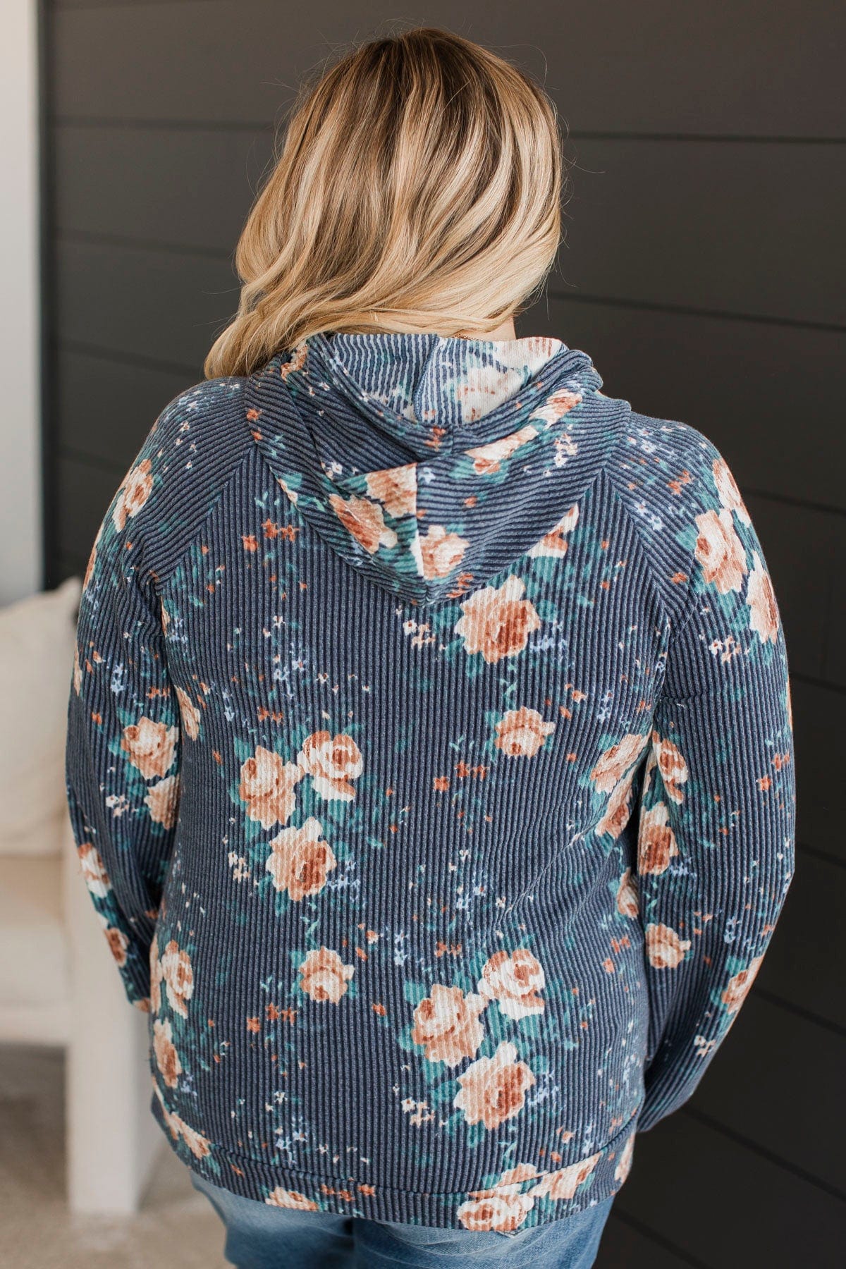 Next To Happiness Hooded Floral Top- Navy