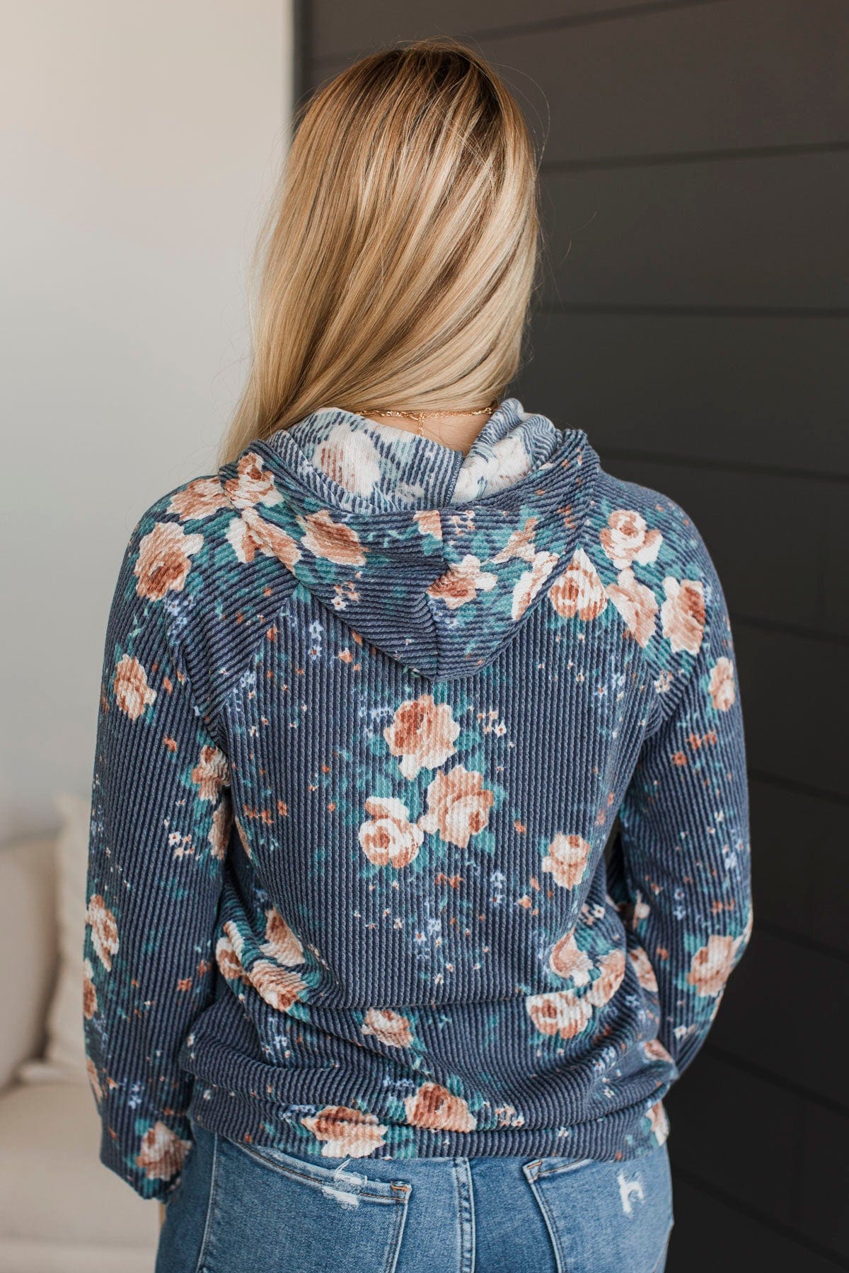 Next To Happiness Hooded Floral Top- Navy