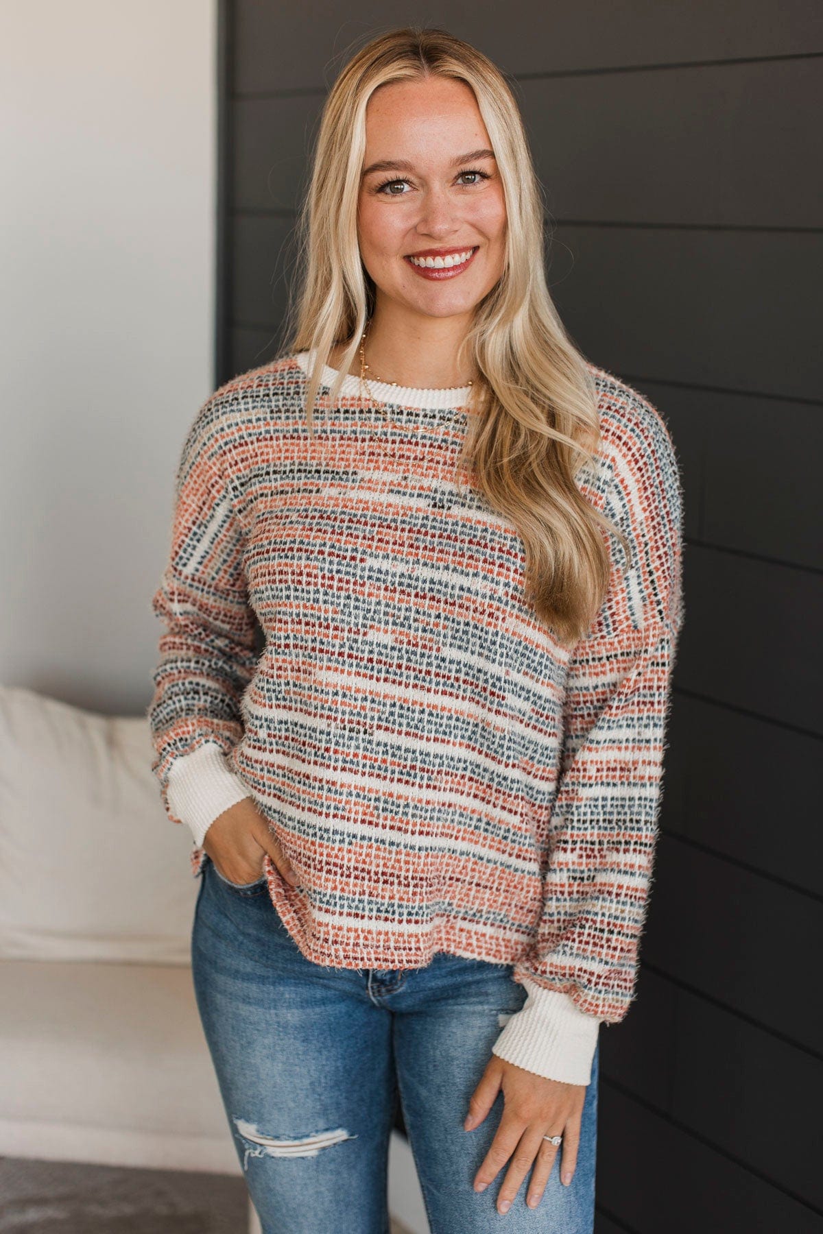 New Opportunities Multi-Color Knit Sweater- Cream & Red