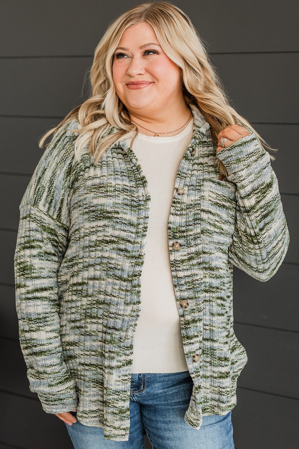 Think About Me Knit Shirt Jacket- Olive & Blue – The Pulse Boutique