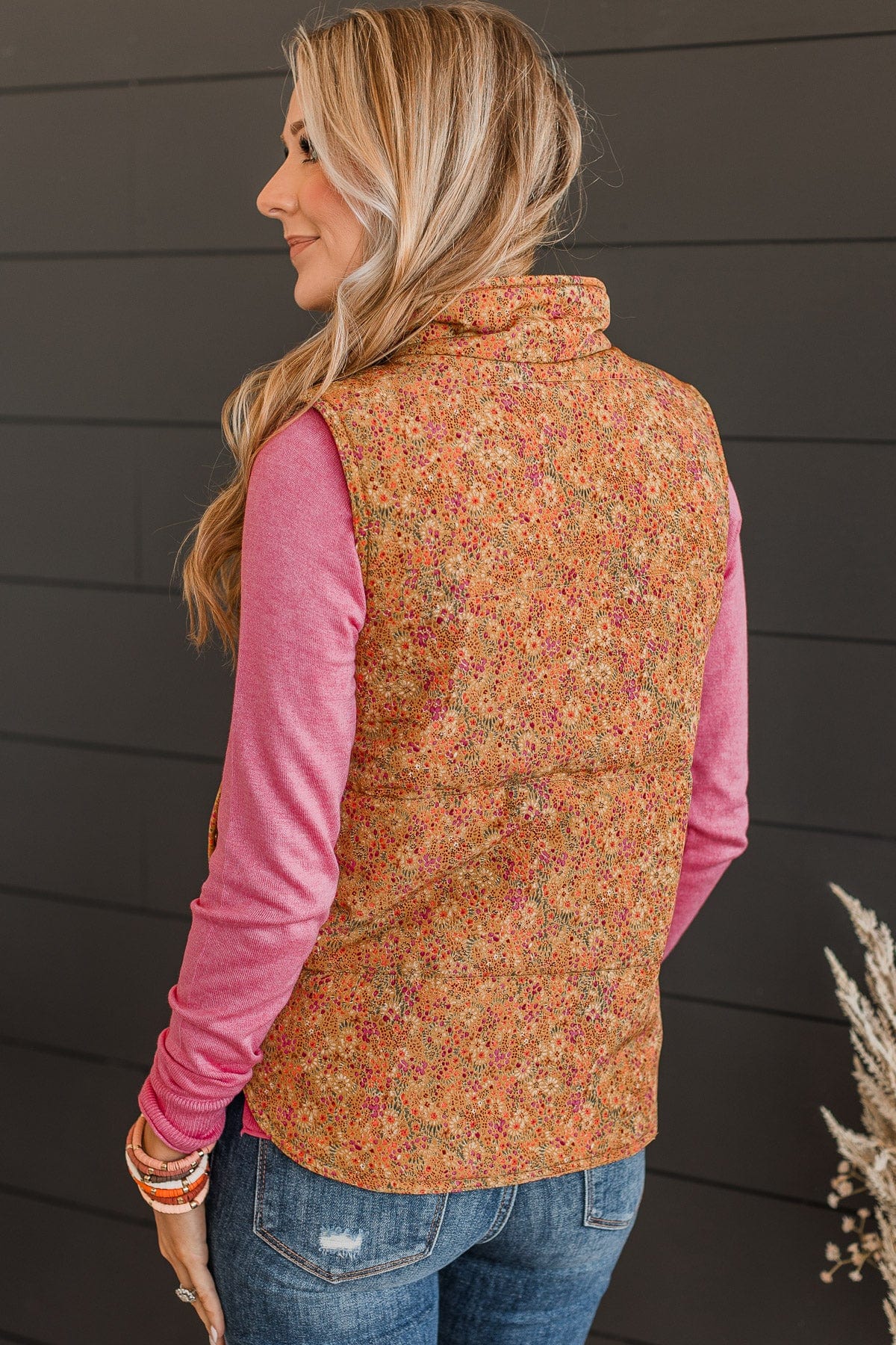 Favorite Of All Floral Puffer Vest- Burnt Gold