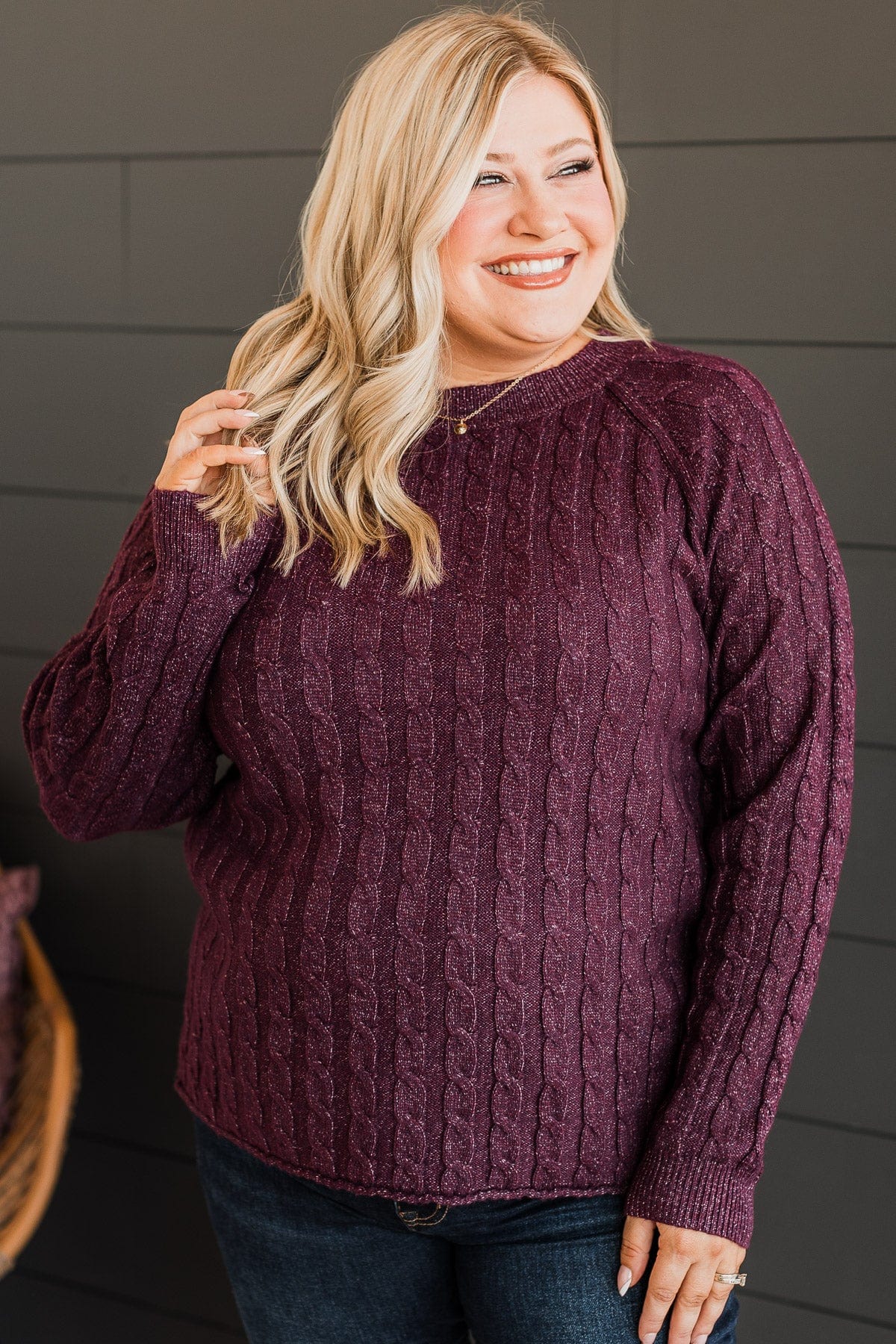 Just Enough Sequin Elbow Patch Sweater- Plum – The Pulse Boutique