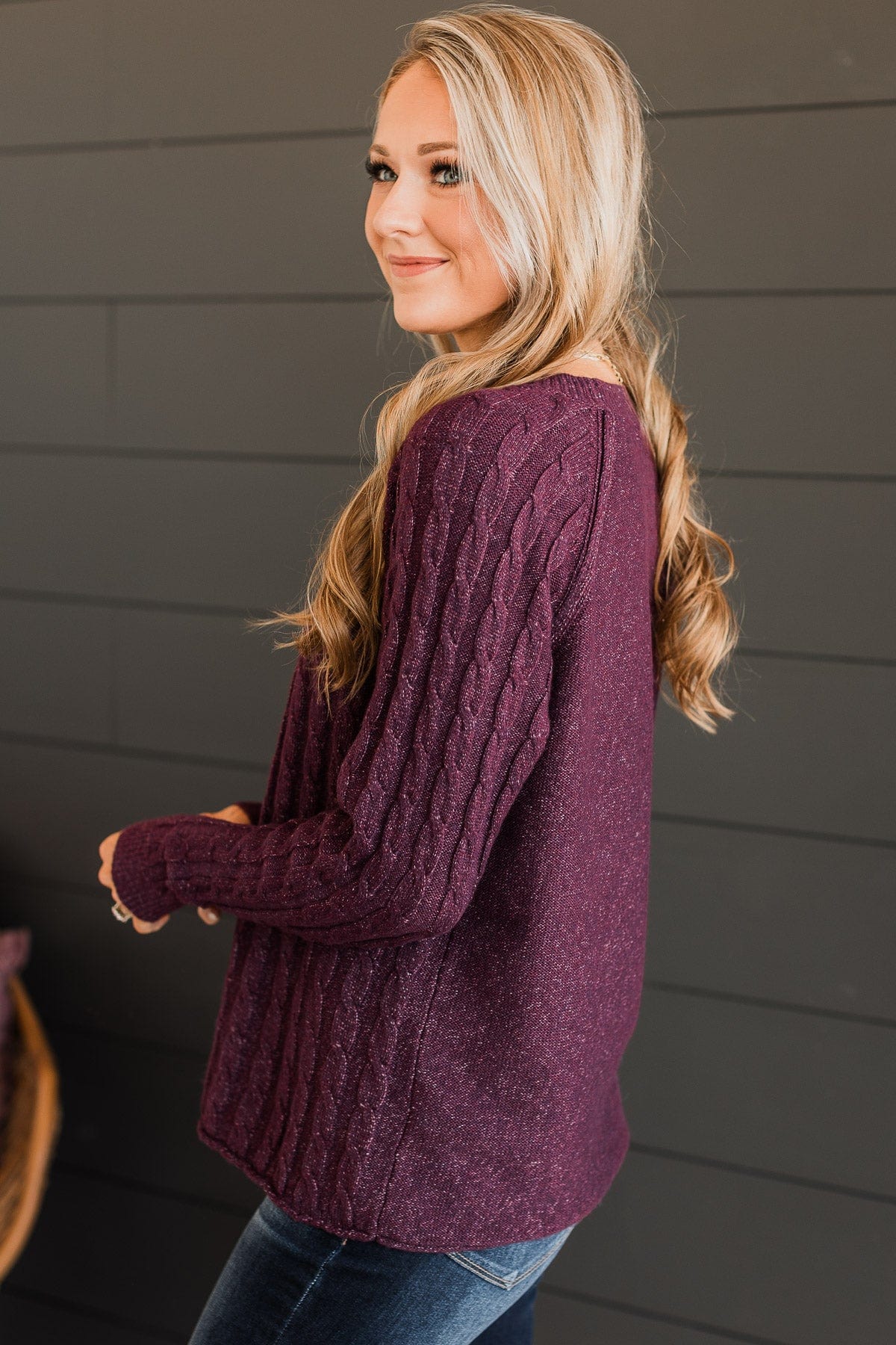 Just Enough Sequin Elbow Patch Sweater- Plum – The Pulse Boutique