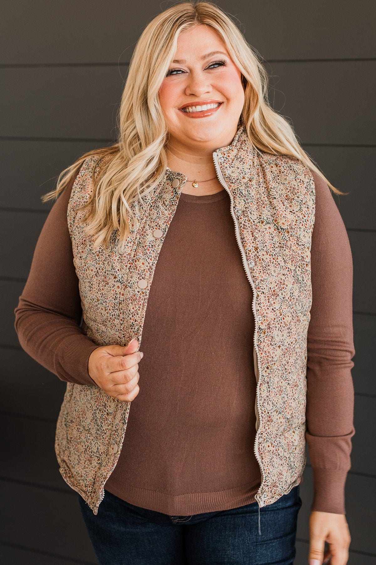 Favorite Of All Floral Puffer Vest- Taupe