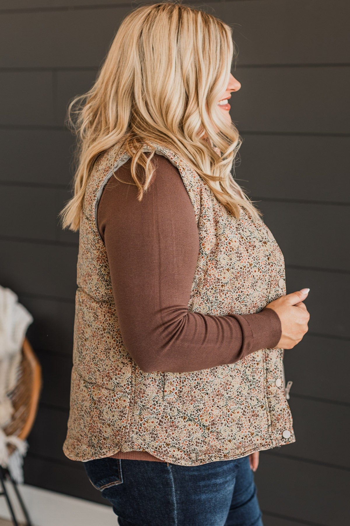 Favorite Of All Floral Puffer Vest- Taupe