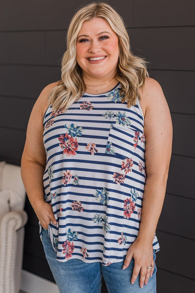 Got A Feeling Floral & Stripe Tank Top- Ivory & Navy – The Pulse Boutique