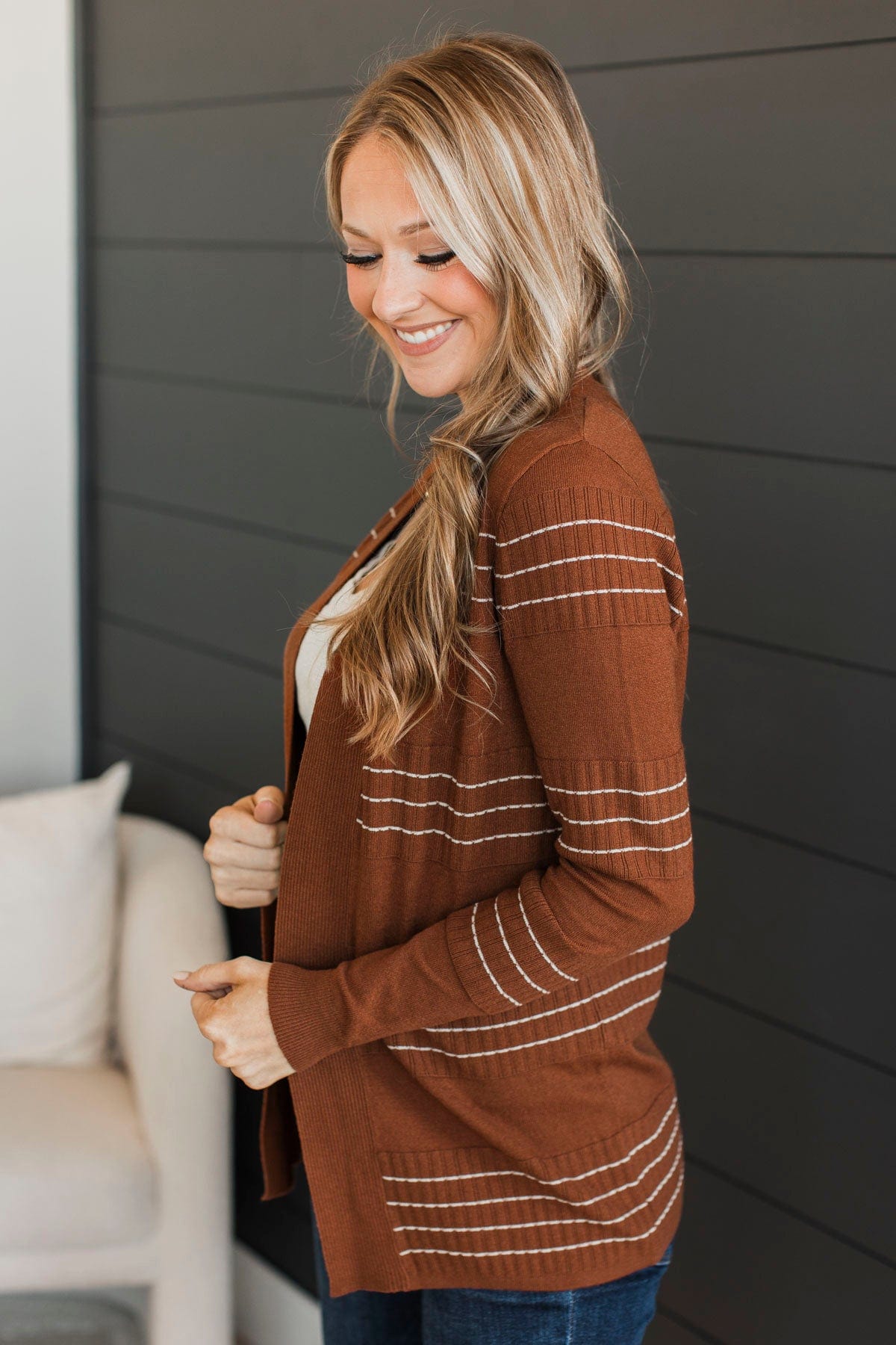 Keep In Mind Stitch Stripe Cardigan- Dark Rust