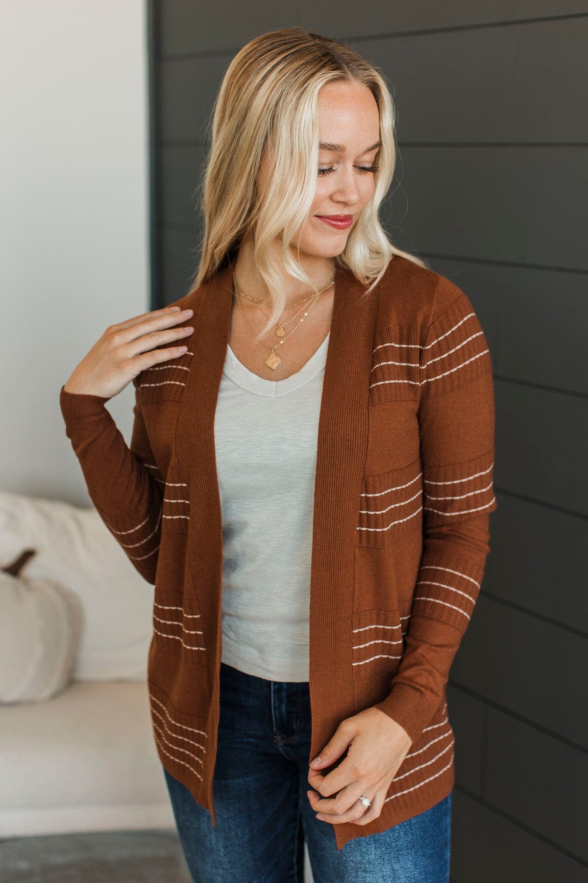 Keep In Mind Stitch Stripe Cardigan- Dark Rust