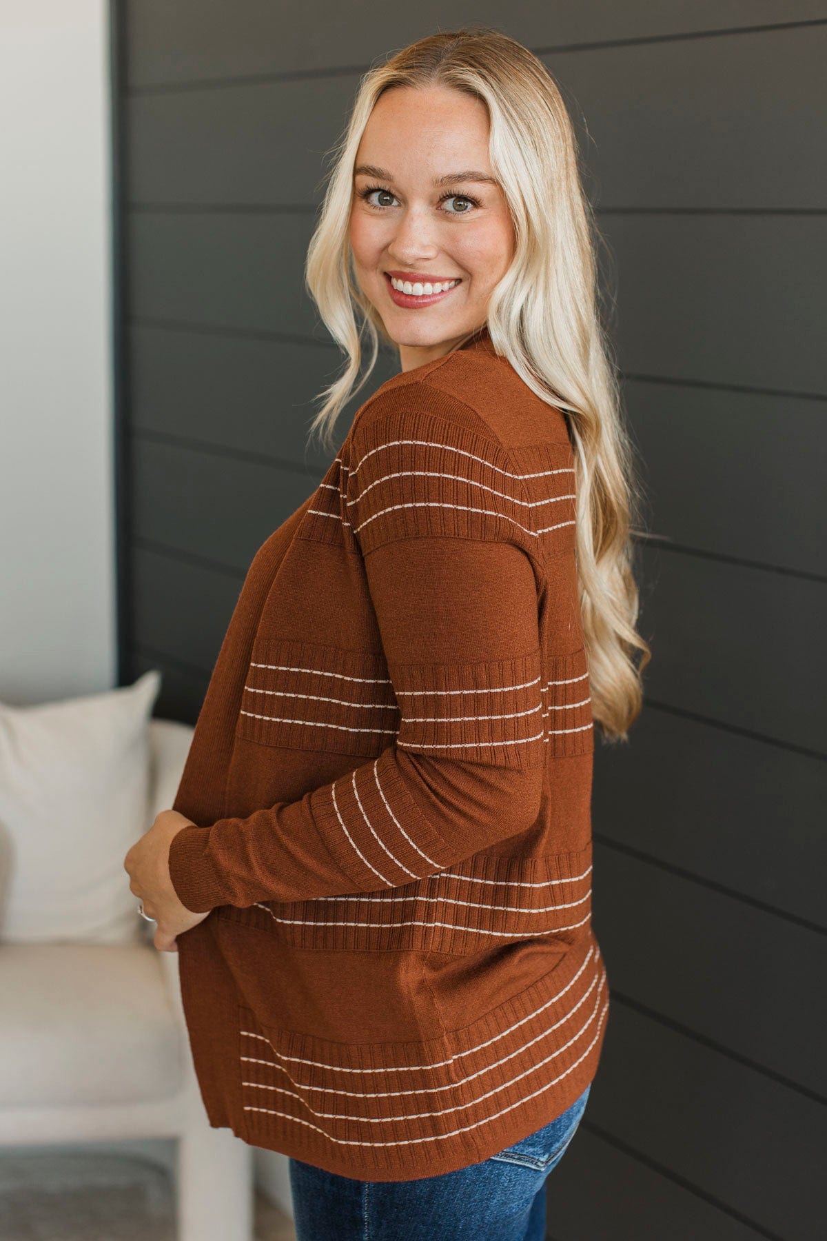 Keep In Mind Stitch Stripe Cardigan- Dark Rust