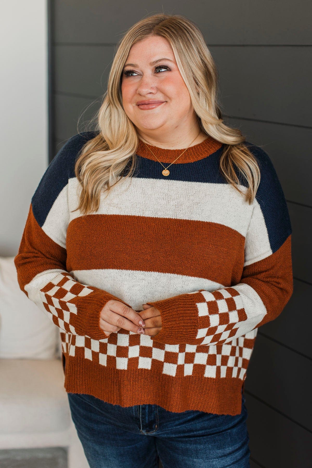 Love Me Anyway Color Block Sweater- Navy & Copper