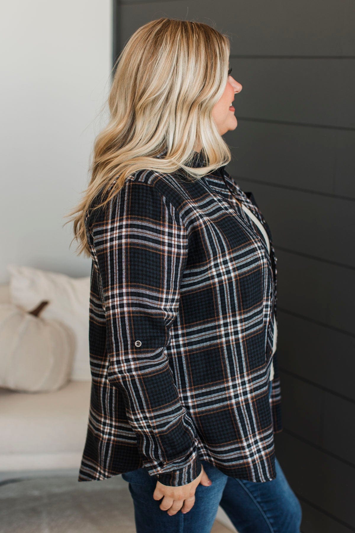 On An Expedition Plaid Button Top- Navy