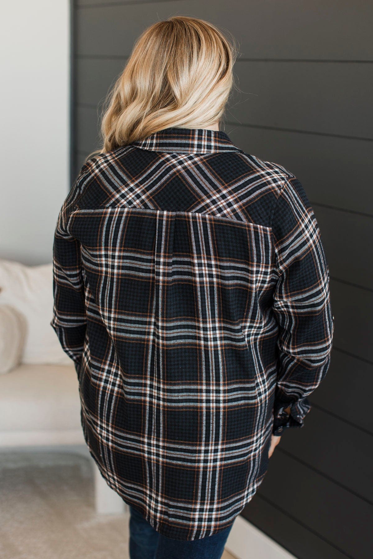 On An Expedition Plaid Button Top- Navy