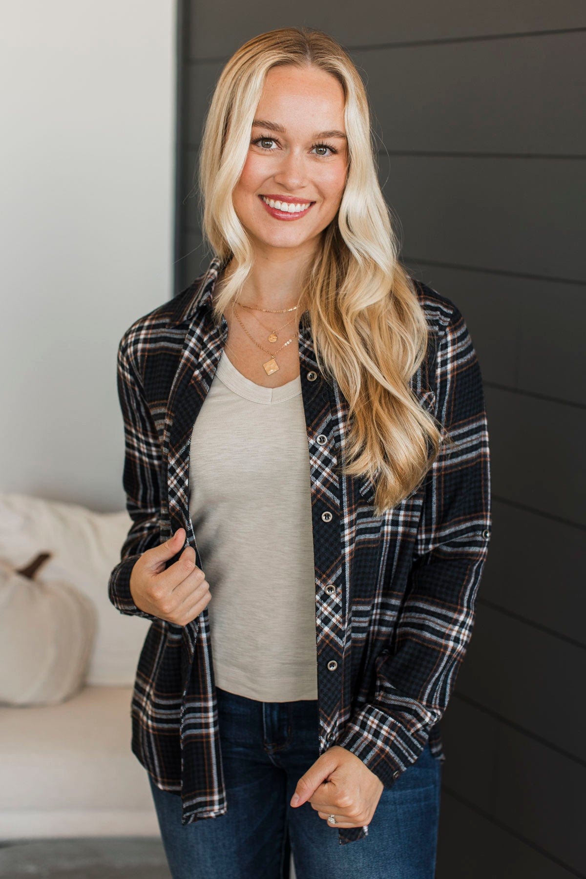 On An Expedition Plaid Button Top- Navy