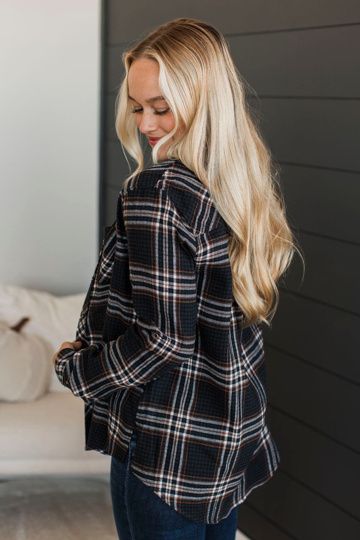 On An Expedition Plaid Button Top- Navy