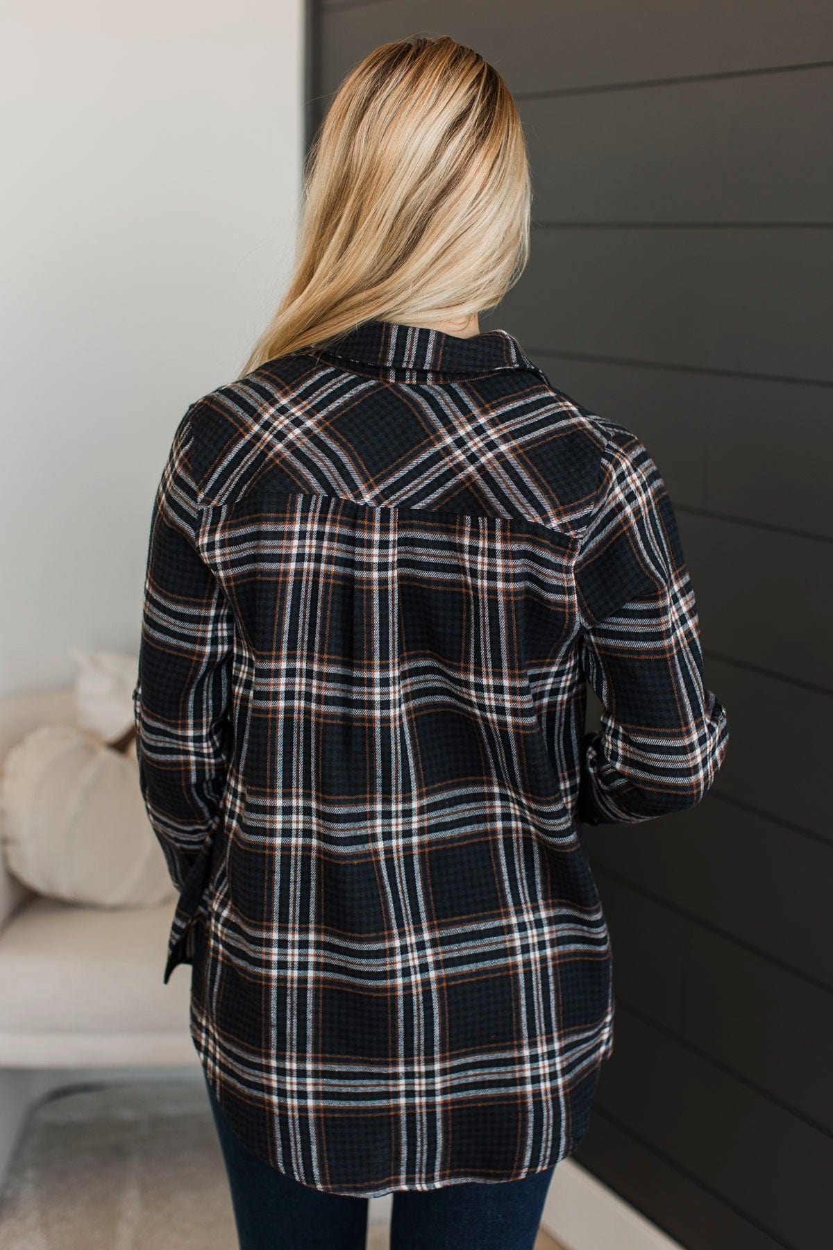 On An Expedition Plaid Button Top- Navy