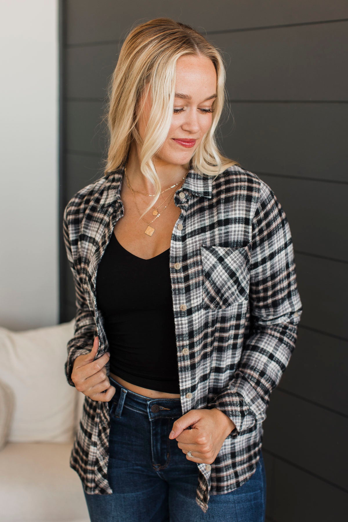 Thread & Supply Give It All Plaid Button Top- Black