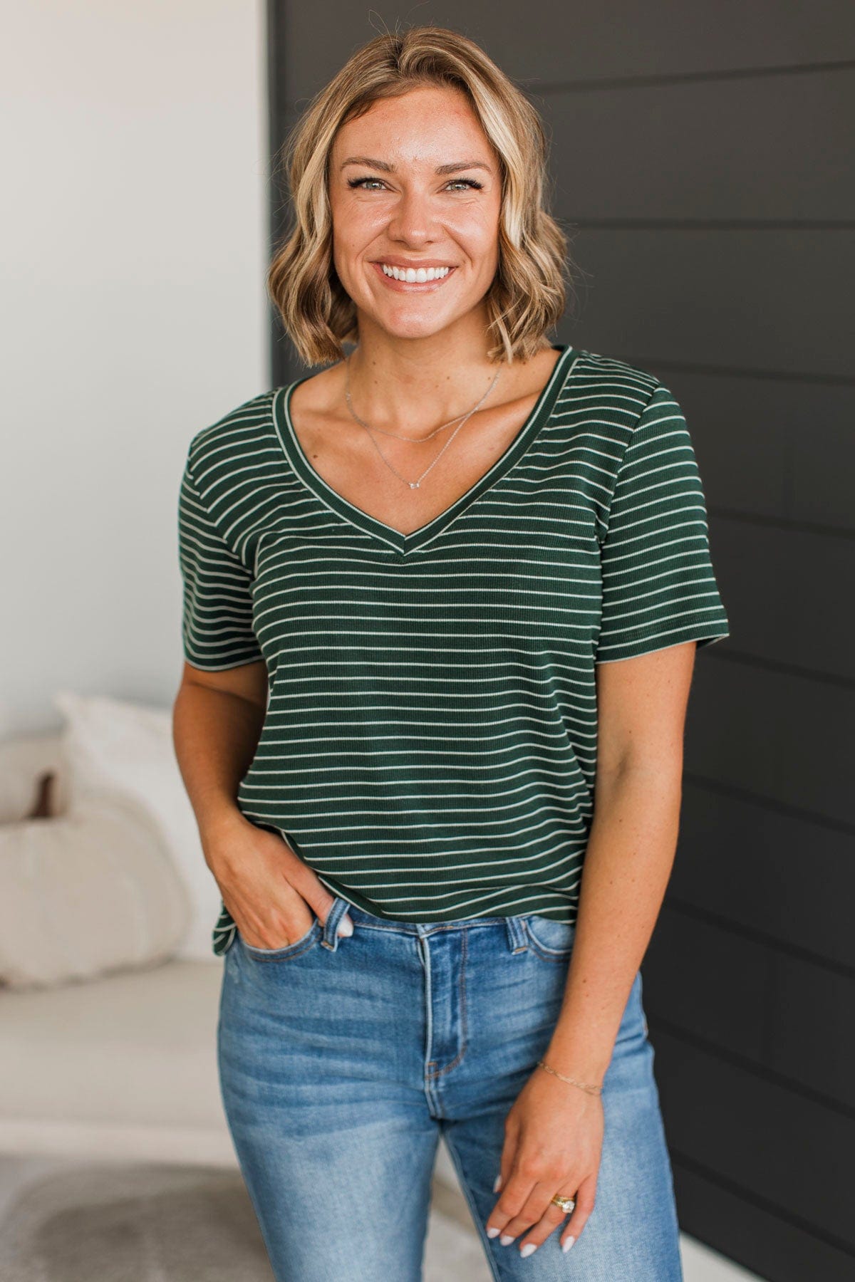 Radiate Confidence Striped V-Neck Top- Wintergreen